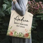 Personalizzato Best Mom Ever Floral Canvas Tote Bag con nome e testo Regalo di compleanno per la festa della mamma per donna