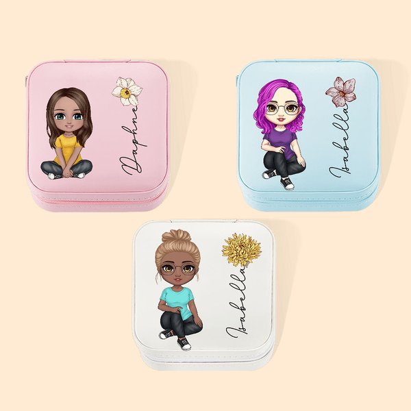 Personalizado Dibujo Mujer Chica Joyero de Cuero con Nombre Flor de Nacimiento Portátil Accesorio de Viaje Cumpleaños Día de la Madre Regalo para Ella
