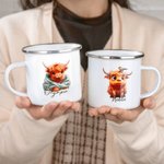 Taza esmaltada de 10oz y vaso de 14oz personalizados con el nombre del bebé Vaca de las Tierras Altas Regalo de inauguración de la casa para niños Ama