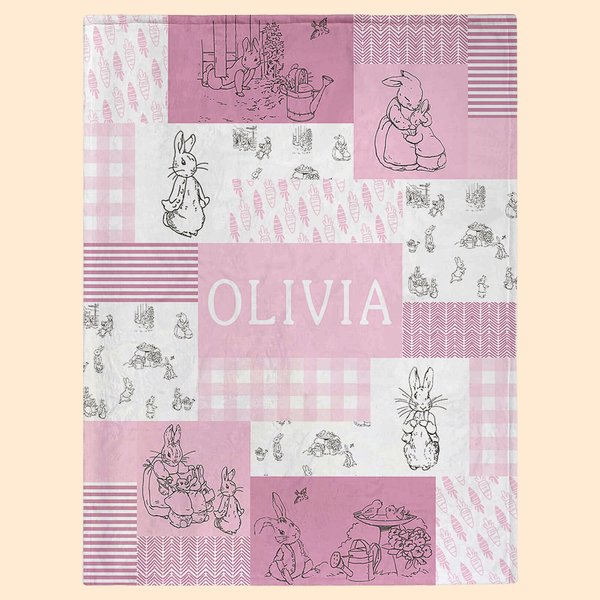 Couverture personnalisée Peter Rabbit Bunny Multicolore Patchwork avec Nom Pâques Cadeau d'Anniversaire pour Enfants