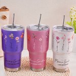 Thermos de Vacuum Personnalisé avec 1-15 Fleurs de Naissance et Noms Gobelet Isotherme avec Thème Jardin Cadeau d'Anniversaire pour Mère Grand-Mère