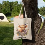 Personalized Highland Fluffy Cow Tote Bag with Name Canvas Shopper Bag Birthday Gift for Friend Family