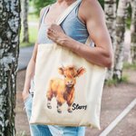 Personalized Highland Fluffy Cow Tote Bag with Name Canvas Shopper Bag Birthday Gift for Friend Family