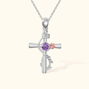 Personalisierte Kreuz Halskette mit Geburt Blume Birthstone und Name Religiöse Anhänger Schmuck Taufe Geburtstag Geschenk für Frauen