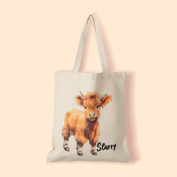 Personnalisé Highland Fluffy Cow Tote Bag with Name Canvas Shopper Bag Birthday Gift for Friend Family