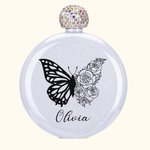 Personalised Birth Flower Butterfly Glittery 5oz Flask with Name &  Rhinestone Lid Birthday Bridesmaid Party Mother's Day Gift for Women