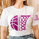Gepersonaliseerd Imitatie Pailletten Half Basketbal & Half Hoepel T-shirt Sweatshirt Hoodie met Naam en Nummer Verjaardag Game Day Gift voor Basketballiefhebbers