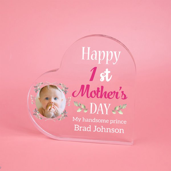 Placca personalizzata Happy 1st Mother's Day Cuore acrilico trasparente con foto e testo Decor da scrivania Regalo per la festa della mamma Nuova mamm