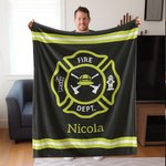 Gepersonaliseerde Brandweerman Deken met Naam en Dunne Gele Lijn Zachte Fleece Home Decoratie Verjaardagscadeau voor Brandweermannen