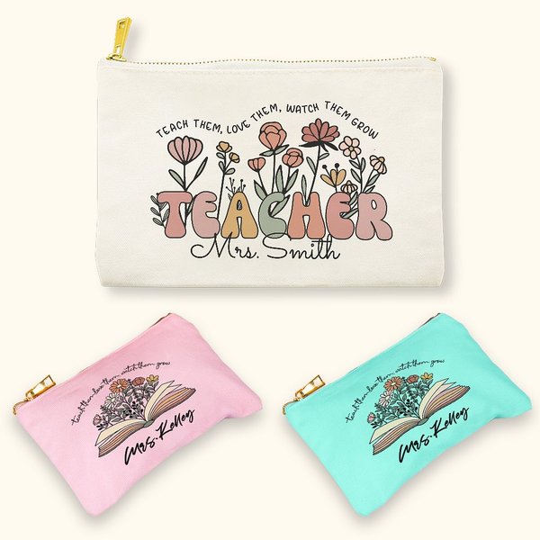 Personalised Teach Them Love Them Spring Boho Wildflowers Makeup Bag with Name Appreciation Gift for Teacher