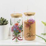 Bouteille en Verre avec Couvercle et Paille Personnalisée Nom et Fleurs de Naissance Aquarelle Cadeau de Fête des Mères pour Maman Grand-mère