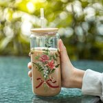 Bouteille en Verre avec Couvercle et Paille Personnalisée Nom et Fleurs de Naissance Aquarelle Cadeau de Fête des Mères pour Maman Grand-mère