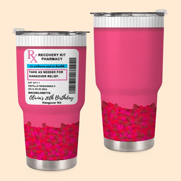 Personalized Pink Recovery Kit  RX Pill 30oz Stainless Steel Tumbler with Straw Name Bachelorette Party Favor Birthday for Her
