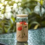 Bouteille en Verre avec Couvercle et Paille Personnalisée Nom et Fleurs de Naissance Aquarelle Cadeau de Fête des Mères pour Maman Grand-mère