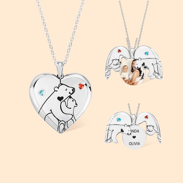 Personalisierte Mama Bär Herzform Birthstone Medaillon Halskette mit eingraviertem Namen Muttertag Geburtstag Geschenk für sie