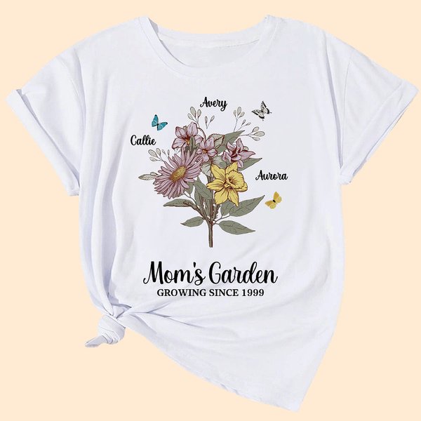 Personalized Retro Watercolor Birth Flower Bouquet T-shirt Sweatshirt with Kid Names Mother's Day Birthday Gift for Mom Grandma
