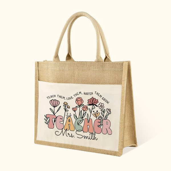 Sac en toile de jute personnalisé avec pochette en toile et nom Cadeau d'appréciation pour l'enseignant pour la rentrée scolaire