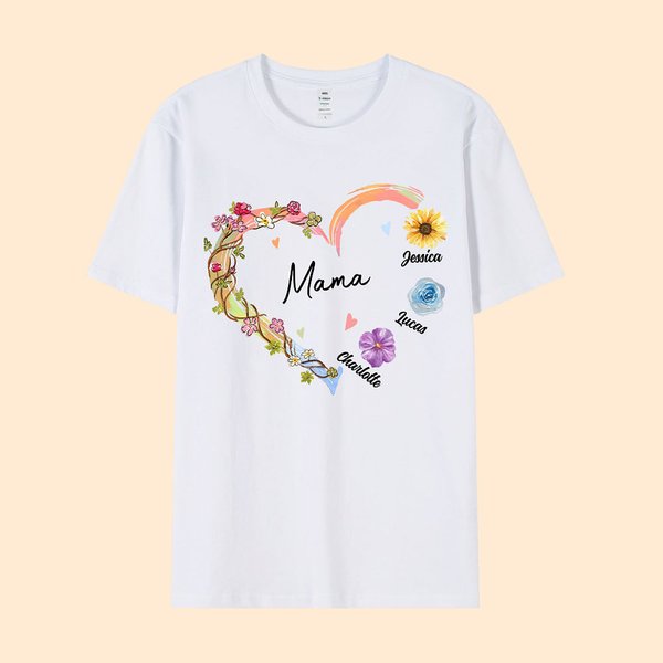 Gepersonaliseerd Aquarel Bloemen Liefdeshart 100% Katoenen T-shirt met 1-10 Kindernamen Moederdag Verjaardagscadeau voor Oma Mamma