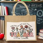 Gepersonaliseerde Boho Wilde Bloemen Jute Draagtas met Canvas Zak en Naam Terug naar School Waardering Cadeau voor Leraar