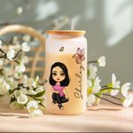 Personalized Cute Cartoon Women Girl Birth Flower Bouquet 20oz Glass Cup with Bamboo Lid Birthday Mother's Day Gift for Her