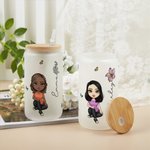Personalized Cute Cartoon Women Girl Birth Flower Bouquet 20oz Glass Cup with Bamboo Lid Birthday Mother's Day Gift for Her