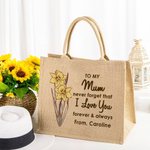 Personalised I Love You Forever & Always Jute Tote Bag with Birth Flower and Name Mother's Day Birthday Gift for Mom Grandma