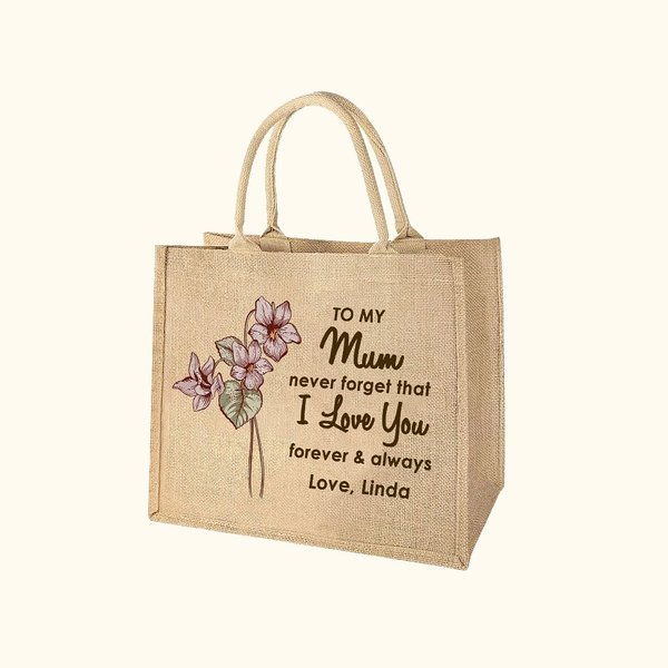 Personalised I Love You Forever & Always Jute Tote Bag with Birth Flower and Name Mother's Day Birthday Gift for Mom Grandma