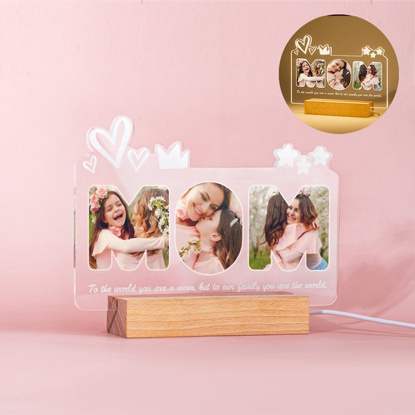 Personalisierte Fotos Collage Mom LED-Nachtlicht mit Holzsockel und 7 Lichtmodi Muttertag Geburtstag Geschenk für Mama Oma
