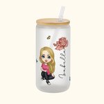 Personalized Cute Cartoon Women Girl Birth Flower Bouquet 20oz Glass Cup with Bamboo Lid Birthday Mother's Day Gift for Her