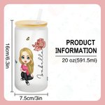 Personalized Cute Cartoon Women Girl Birth Flower Bouquet 20oz Glass Cup with Bamboo Lid Birthday Mother's Day Gift for Her