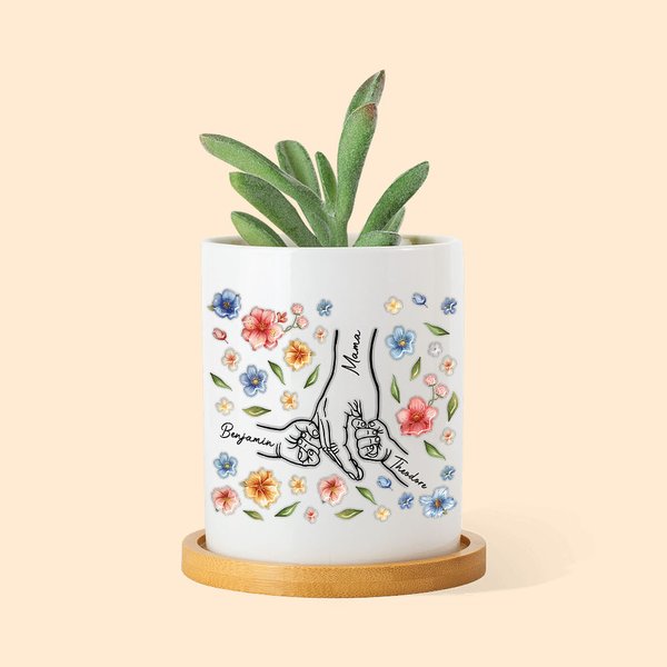 Fiori acquerellati personalizzati effetto 3D Mano nella mano Vaso per piante in ceramica con nomi e base in bambù Regalo per la festa della mamma nonna