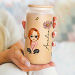 Personalized Cute Cartoon Women Girl Birth Flower Bouquet 20oz Glass Cup with Bamboo Lid Birthday Mother's Day Gift for Her