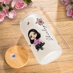 Personalized Cute Cartoon Women Girl Birth Flower Bouquet 20oz Glass Cup with Bamboo Lid Birthday Mother's Day Gift for Her