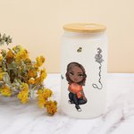 Personalized Cute Cartoon Women Girl Birth Flower Bouquet 20oz Glass Cup with Bamboo Lid Birthday Mother's Day Gift for Her