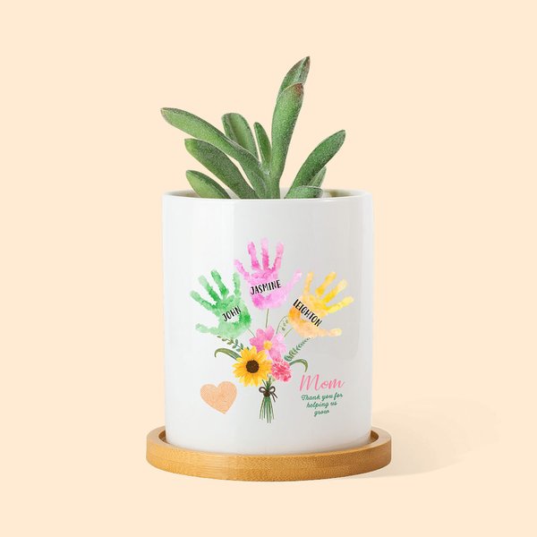 Personalized Ceramic Handprint Bouquet Plant Pot with Bamboo Base Mother’s Day Gift for Mom