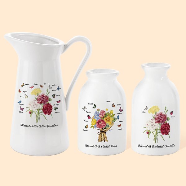 Jarrón de cerámica blanco con mariposa de claveles personalizada con 1-12 nombres Día de la Madre Cumpleaños Regalo para mamá Abuela