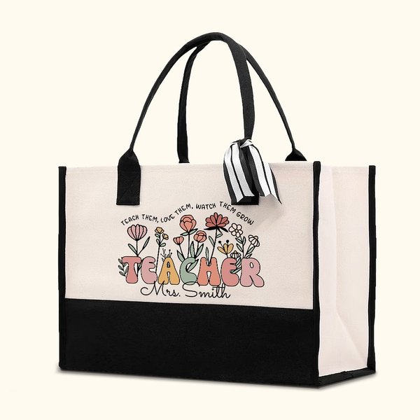 Personalised Spring Boho Wildflowers Large Capacity Canvas Tote Bag Appreciation End of School Gift for Teacher