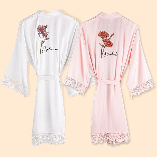 Personalized Watercolor Birth Flower Satin Robe with Lace Trim and Name Bachelorette Party Bridesmaid Wedding Gift for Her