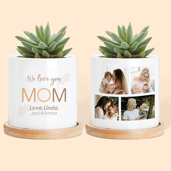 Personalised 4 Collage Photos Ceramic Succulent Planter Pot with Drainage Hole and Bamboo Base Mother's Day Birthday Gift for Mom Grandma