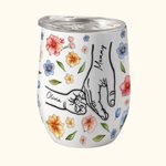 Personalisierte Mama und Kinder Hand In Hand Aquarell floralen 12oz Wein Becher mit Namen Muttertag Geschenk für Mama Oma