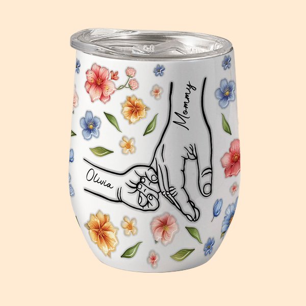 Personalisierte Mama und Kinder Hand In Hand Aquarell floralen 12oz Wein Becher mit Namen Muttertag Geschenk für Mama Oma