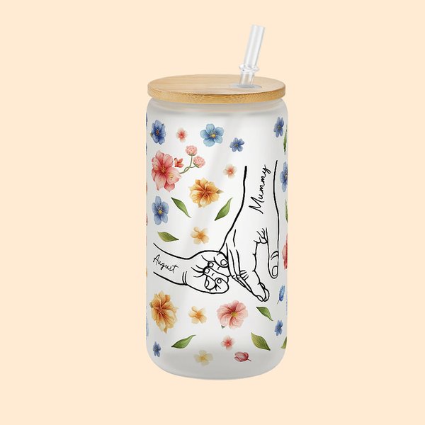 Verre Givré 600ml avec Couvercle Paille Personnalisé avec Nom Main dans la Main Aquarelle Florale Cadeau Anniversaire Fête des Mères pour Femme