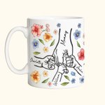 Taza de cerámica personalizada con el nombre de la flor de acuarela 1-9 Cogidos de la mano Día de la Madre Regalo de cumpleaños para mamá Abuela