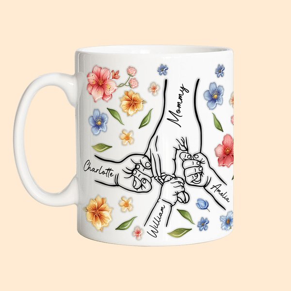 Personalised Watercolour Flower 1-9 Holding Hands Ceramic Mug with Name Mother's Day Birthday Gift for Mom Grandma