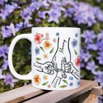 Taza de cerámica personalizada con el nombre de la flor de acuarela 1-9 Cogidos de la mano Día de la Madre Regalo de cumpleaños para mamá Abuela