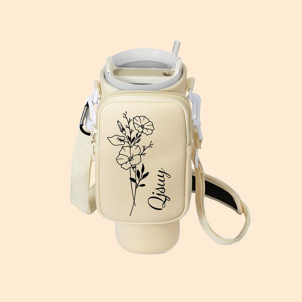 Personalised Birth Flower Waterproof Name Water Bottle Carrier Bag for 40oz Stanley Tumbler with Strap and Pouch Birthday Anniversary Gift for Her