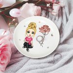 Personalised Cute Cartoon Character Ceramic Ring Dish Jewellery Tray with Birth Flower and Name Birthday Bridesmaid Gift for Women Girls