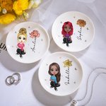 Personalised Cute Cartoon Character Ceramic Ring Dish Jewellery Tray with Birth Flower and Name Birthday Bridesmaid Gift for Women Girls