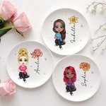 Personalised Cute Cartoon Character Ceramic Ring Dish Jewellery Tray with Birth Flower and Name Birthday Bridesmaid Gift for Women Girls