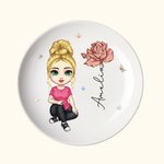 Personalised Cute Cartoon Character Ceramic Ring Dish Jewellery Tray with Birth Flower and Name Birthday Bridesmaid Gift for Women Girls